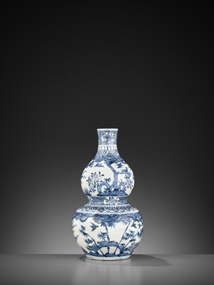 Lot 719 - A BLUE AND WHITE ‘THREE FRIENDS OF WINTER’ DOUBLE-GOURD VASE, 17TH CENTURY