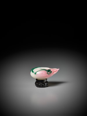 Lot 308 - A GREEN AND PINK OVERLAY GLASS ‘PEACH’ BRUSHWASHER, QING DYNASTY