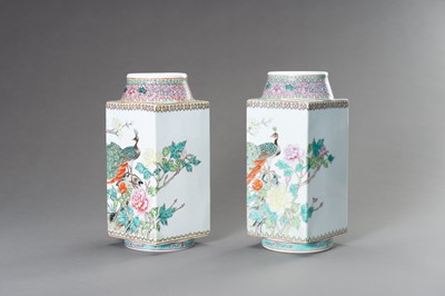 Lot 904 - A PAIR OF CONG SHAPE ‘PEACOCK’ VASES, REPUBLIC PERIOD