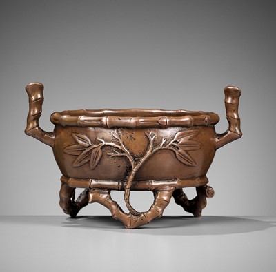 Lot 493 - A COPPER ALLOY ‘BAMBOO’ CENSER, QING DYNASTY