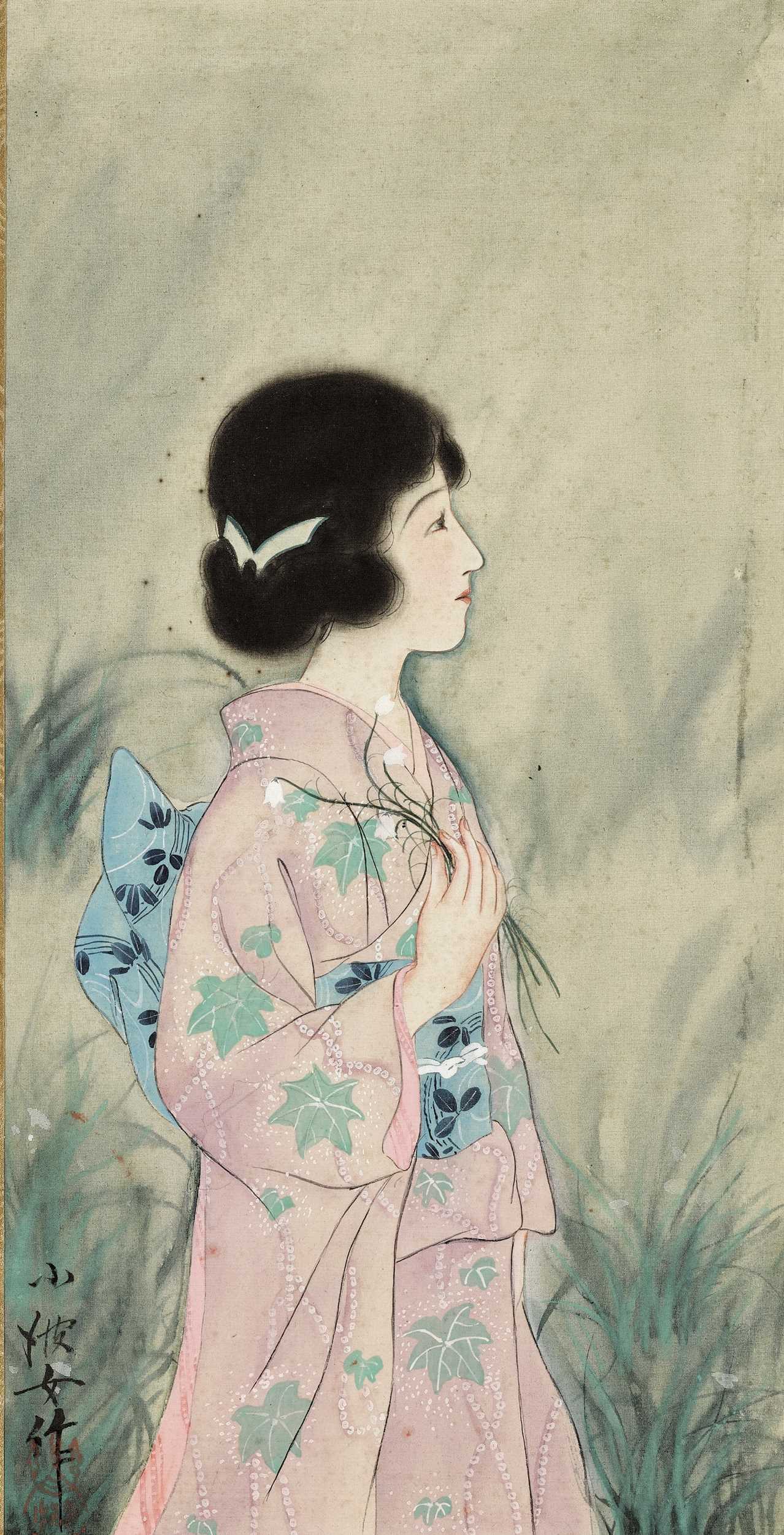 Lot 305 - A SCROLL PAINTING OF A JAPANESE LADY, c.