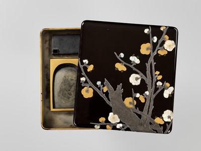 Lot 136 - KORIN: A RINPA STYLE LACQUER SUZURIBAKO WITH UME FRUIT AND BLOSSOMS