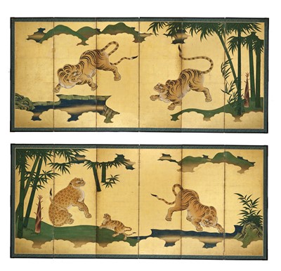 Lot 341 - AN IMPRESSIVE AND VERY RARE PAIR OF SIX-PANEL BYOBU SCREENS DEPICTING A LEOPARD AND TIGERS IN BAMBOO