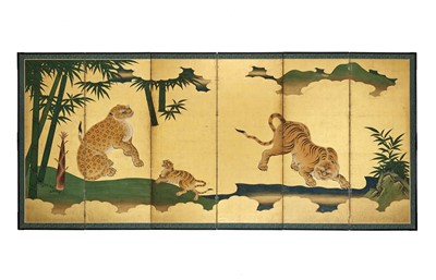 Lot 341 - AN IMPRESSIVE AND VERY RARE PAIR OF SIX-PANEL BYOBU SCREENS DEPICTING A LEOPARD AND TIGERS IN BAMBOO