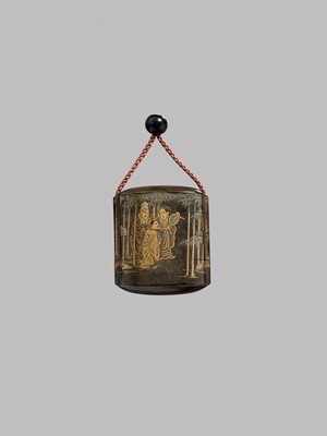 Lot 158 - A THREE-CASE LACQUER INRO DEPICTING THE SEVEN SAGES OF THE BAMBOO GROVE