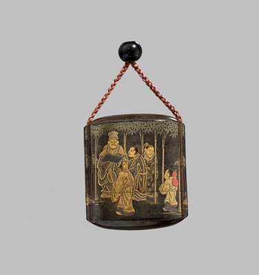Lot 158 - A THREE-CASE LACQUER INRO DEPICTING THE SEVEN SAGES OF THE BAMBOO GROVE