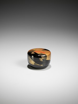 Lot 124 - TASAKI SHOICHIRO: A BLACK AND GOLD-LACQUERED NATSUME (TEA CADDY) WITH FAN PAINTINGS