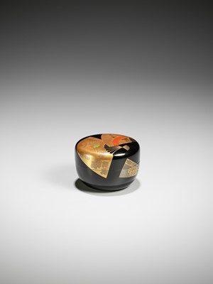Lot 124 - TASAKI SHOICHIRO: A BLACK AND GOLD-LACQUERED NATSUME (TEA CADDY) WITH FAN PAINTINGS