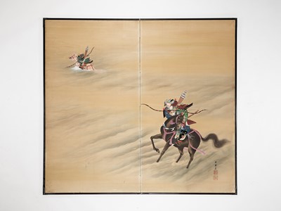 Lot 301 - SHUNSUI: A TWO-PANEL BYOBU SCREEN DEPICTING A BATTLE SCENE FROM THE TALE OF HEIKE