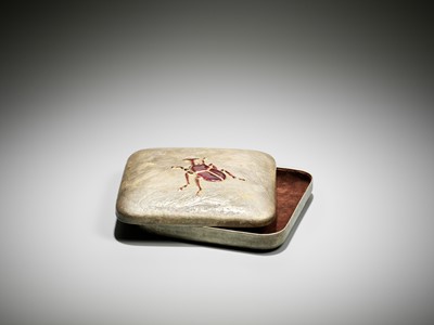 Lot 26 - SANO HIROSHI: A CERAMIC-INLAID SILVERED-METAL BOX AND COVER WITH A STAG BEETLE