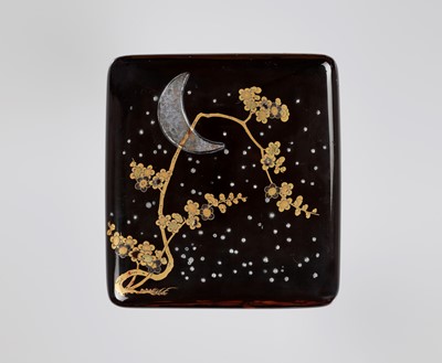 Lot 130 - A BLACK AND GOLD LACQUER SUZURIBAKO WITH THE MOON, HO-O BIRDS AND KIRI MONS