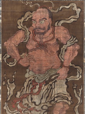 Lot 82 - AN IMPRESSIVE PAIR OF LARGE SCROLL PAINTINGS DEPICTING NIO GUARDIANS