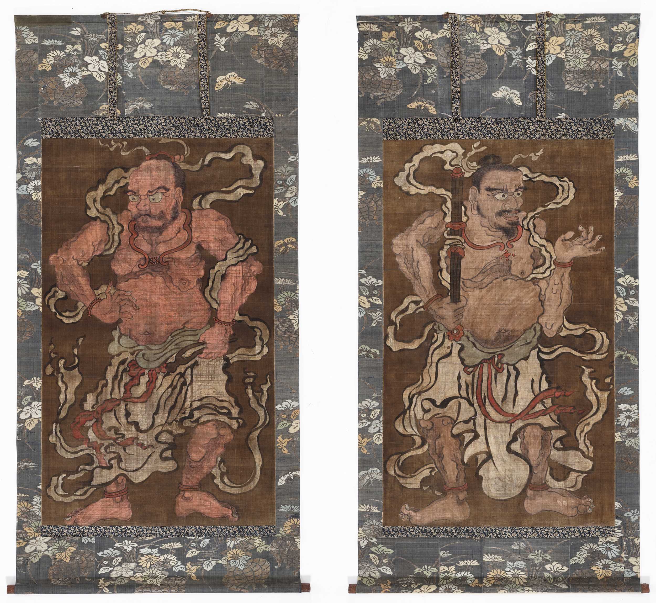 Lot 82 - AN IMPRESSIVE PAIR OF LARGE SCROLL PAINTINGS DEPICTING NIO GUARDIANS