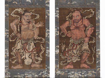 Lot 38 - AN IMPRESSIVE PAIR OF LARGE SCROLL PAINTINGS DEPICTING NIO GUARDIANS