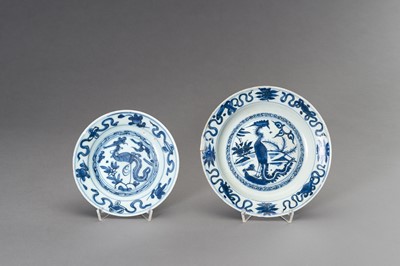 TWO BLUE AND WHITE ‘PHOENIX’ DISHES, LATE MING