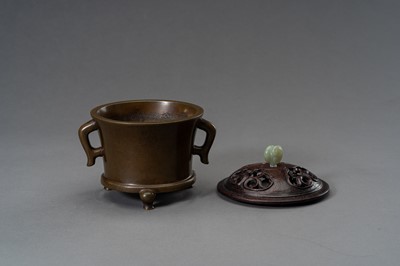 Lot 65 - A BRONZE CENSER WITH WOOD COVER & STAND, 1900s