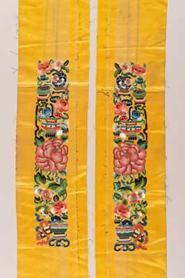 Lot 981 - A PAIR OF YELLOW ‘PEONY’ SILK SLEEVE BANDS, LATE QING DYNASTY
