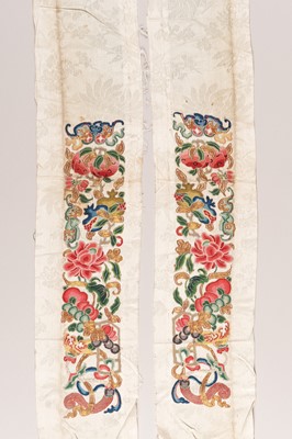 Lot 972 - A PAIR OF ‘AUSPICIOUS FRUITS AND FLOWERS’ SILK SLEEVE BANDS, LATE QING DYNASTY