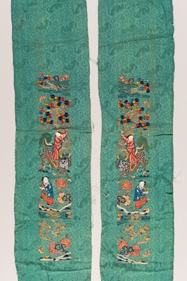 Lot 978 - A PAIR OF TURQUOISE SILK SLEEVE BANDS, LATE QING DYNASTY