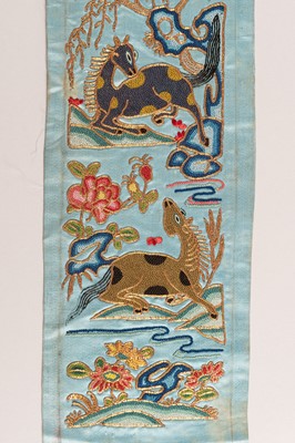 Lot 973 - A PAIR OF ‘EIGHT HORSES OF MUWANG’ SILK SLEEVE BANDS, LATE QING DYNASTY