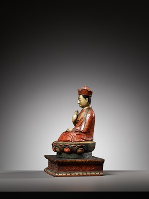 Lot 542 - A PAINTED CLAY AND WOOD FIGURE OF PADMSAMBHAVA, TIBET, 18TH – EARLY 19TH CENTURY