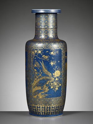 Lot 109 - A MAGNIFICENT POWDER-BLUE AND GILT-DECORATED ROULEAU VASE, KANGXI PERIOD