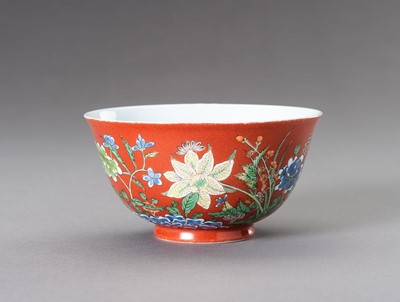 Lot 758 - A CORAL-GROUND ‘FLORAL’ WUCAI BOWL, QING