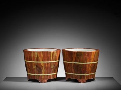 Lot 77 - A PAIR OF LARGE ‘FAUX-BOIS’ JARDINIÈRES, IMITATING HUANGHUALI, QIANLONG MARKS AND PROBABLY OF THE PERIOD (circa 1736-1795)