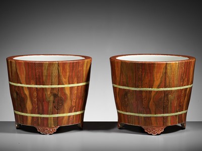 Lot 84 - A PAIR OF LARGE ‘FAUX-BOIS’ JARDINIÈRES, IMITATING HUANGHUALI, QIANLONG MARKS AND PROBABLY OF THE PERIOD (circa 1736-1795)