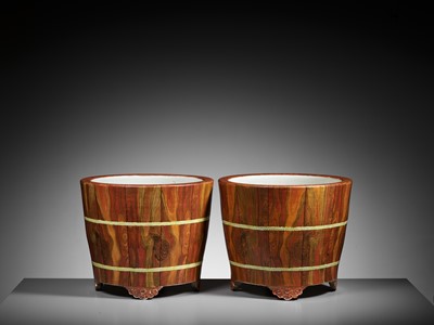 Lot 84 - A PAIR OF LARGE ‘FAUX-BOIS’ JARDINIÈRES, IMITATING HUANGHUALI, QIANLONG MARKS AND PROBABLY OF THE PERIOD (circa 1736-1795)