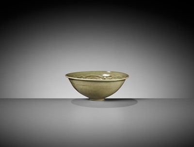 Lot 98 - A MOLDED AND INCISED YAOZHOU CELADON 'TWO BOYS' CONICAL BOWL, NORTHERN SONG DYNASTY