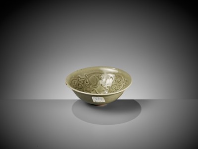 Lot 98 - A MOLDED AND INCISED YAOZHOU CELADON 'TWO BOYS' CONICAL BOWL, NORTHERN SONG DYNASTY