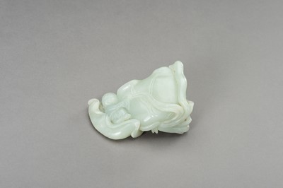 Lot 232 - A PALE CELADON JADE ‘BOYS AND LOTUS’ BRUSHWASHER, REPUBLIC PERIOD OR LATER