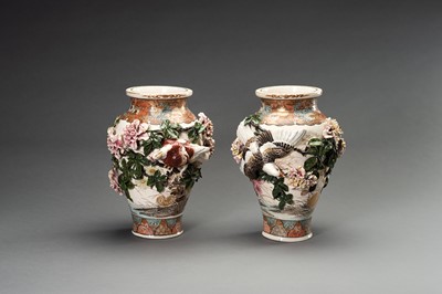 Lot 1115 - A PAIR OF KOZAN STYLE RELIEF-MOULDED SATSUMA CERAMIC VASES, MEIJI