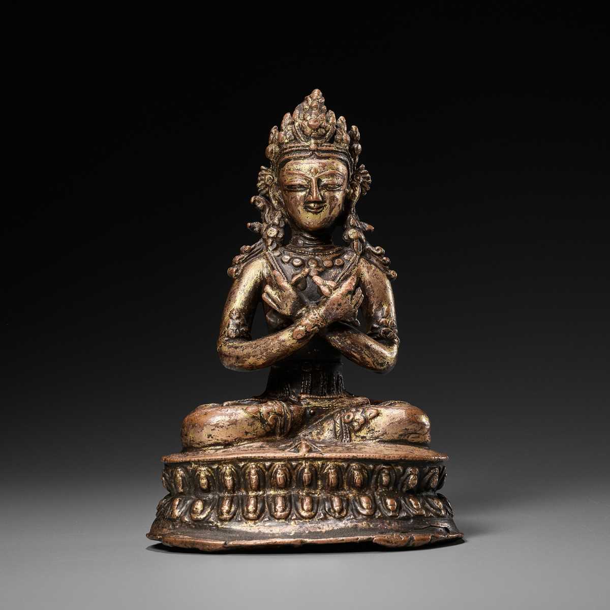Lot 16 - A GILT COPPER-ALLOY FIGURE OF VAJRADHARA, 15th-16TH CENTURY OR EARLIER