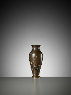 Lot 76 - A FINE INLAID BRONZE VASE WITH QUAIL AND AUTUMN GRASSES