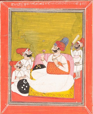Lot 943 - AN INDIAN MINIATURE PAINTING OF A NOBLEMAN WITH ATTENDANTS