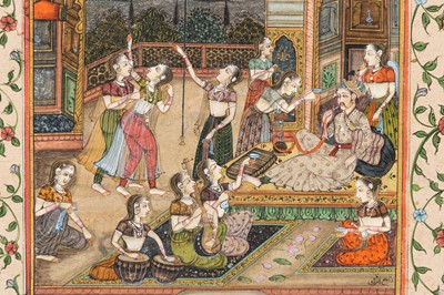 Lot 1291 - A MUGHAL MINIATURE PAINTING WITH COURT SCENE
