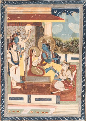 Lot 259 - AN INDIAN MINIATURE PAINTING OF RAMA AND SITA ENTRHONED