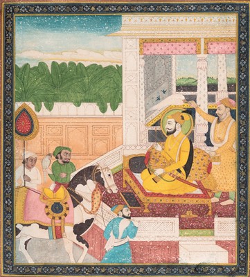 Lot 1316 - A MINIATURE PAINTING OF GURU GOBIND SINGH WITH ATTENDANTS