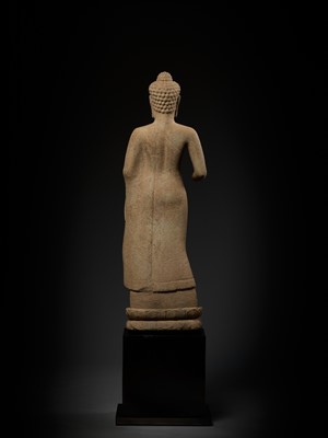 Lot 220 - A MONUMENTAL AND HIGHLY IMPORTANT SANDSTONE FIGURE OF BUDDHA, PRE-ANGKOR PERIOD