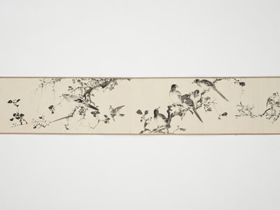 Lot 102 - URAGAMI SHUNKIN: A 14-METER HANDSCROLL WITH BIRDS AND FLOWERS, DATED 1836 BY INSCRIPTION