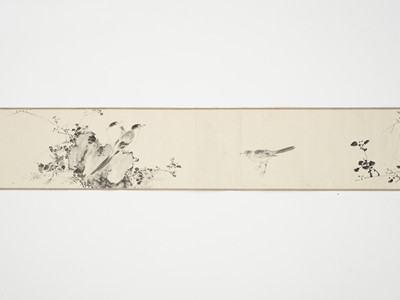 Lot 102 - URAGAMI SHUNKIN: A 14-METER HANDSCROLL WITH BIRDS AND FLOWERS, DATED 1836 BY INSCRIPTION
