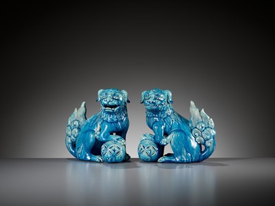 Lot 433 - A PAIR OF TURQUOISE GLAZED BUDDHIST LIONS, QING DYNASTY