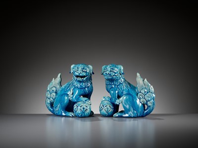 Lot 433 - A PAIR OF TURQUOISE GLAZED BUDDHIST LIONS, QING DYNASTY