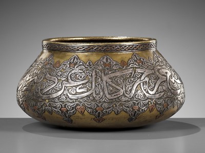 Lot 1006 - A SILVER AND COPPER INLAID BRASS BOWL, MAMLUK REVIVAL