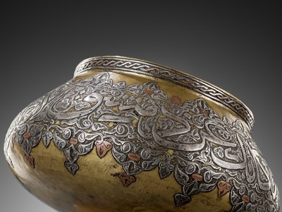Lot 1006 - A SILVER AND COPPER INLAID BRASS BOWL, MAMLUK REVIVAL