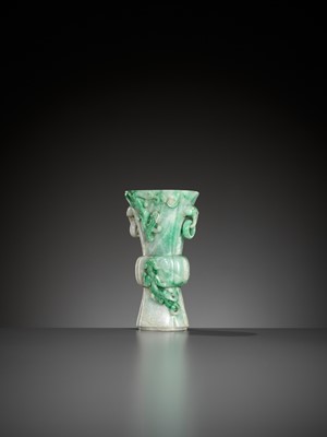 Lot 341 - A JADEITE ‘CHILONG AND LINGZHI’ QUATRELOBED VASE, GU, QING DYNASTY