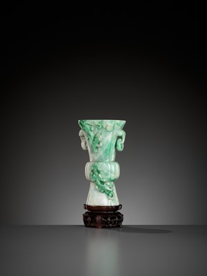 Lot 341 - A JADEITE ‘CHILONG AND LINGZHI’ QUATRELOBED VASE, GU, QING DYNASTY