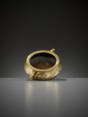 Lot 487 - A RARE ‘COMPANION OF PINE AND MOON’ BRONZE CENSER, SONG YUE LÜ MARK, 17TH CENTURY